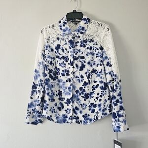 Nicole Miller Floral Button Down Shirt with Lace